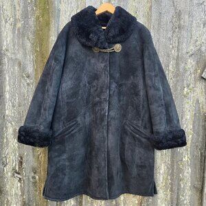 Vintage 80s Black Sheepskin Coat Womens Size M Mid Length Medusa Head Buttons